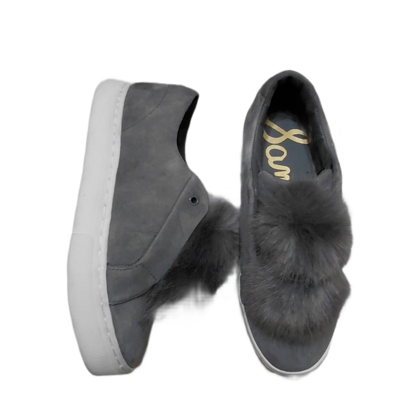 Sam Edelman Leya Gray Pom-Pom  Suede Slip-On Sneaker Shoes Size 6.5